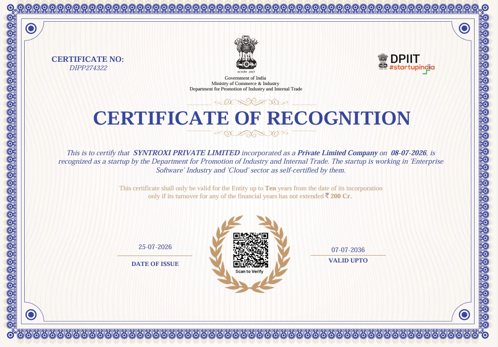 DPIIT certificate recognizing SYNTROXI as a startup in India